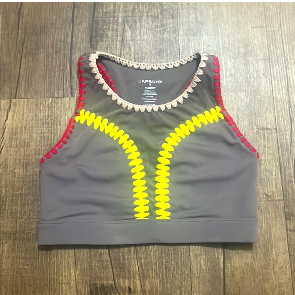 Carbon38 Gray Sports Bra with Yellow, Red and Cream Trim